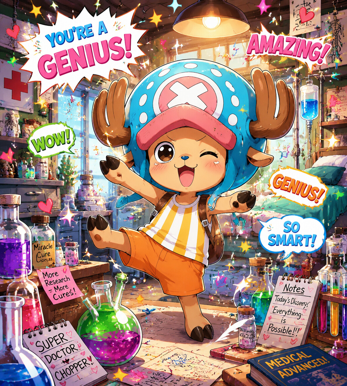 Dancing happily while being called a genius in a cluttered infirmary filled with bubbling beakers (vibrant anime style)