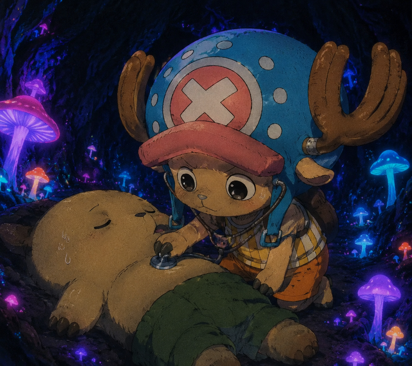 Examining a patient with a tiny stethoscope In a dark cavern illuminated by bioluminescent mushrooms (retro 90s anime aesthetic, grainy film)