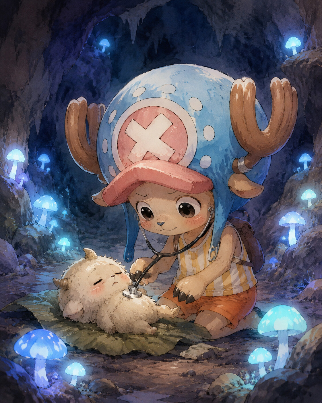 Examining a patient with a tiny stethoscope in a dark cavern illuminated by bioluminescent mushrooms (soft watercolor)