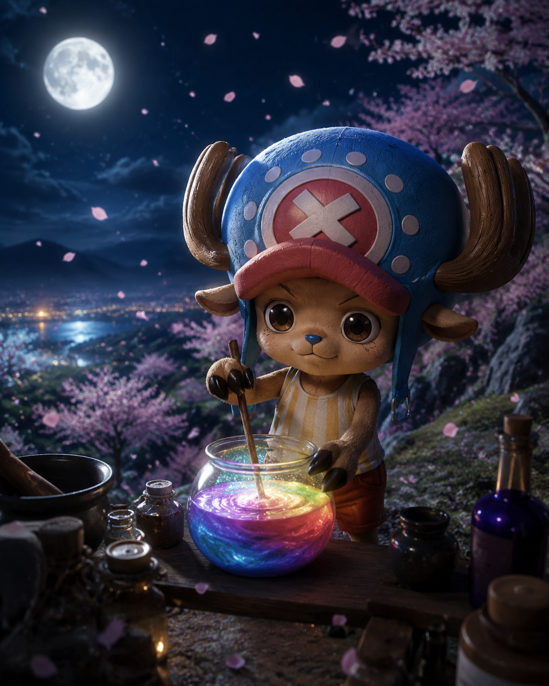 Mixing a colorful medicinal antidote On a moonlit cherry blossom hillside (cinematic 3D render, realistic textures)