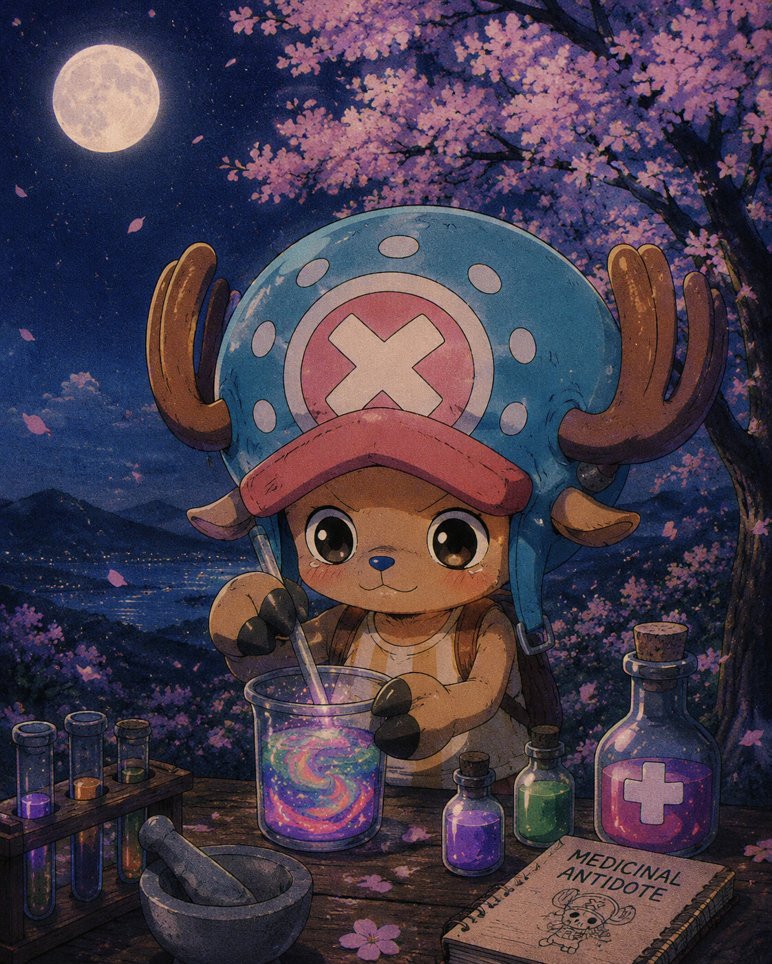 Mixing a colorful medicinal antidote on a moonlit cherry blossom hillside (retro 90s anime aesthetic)