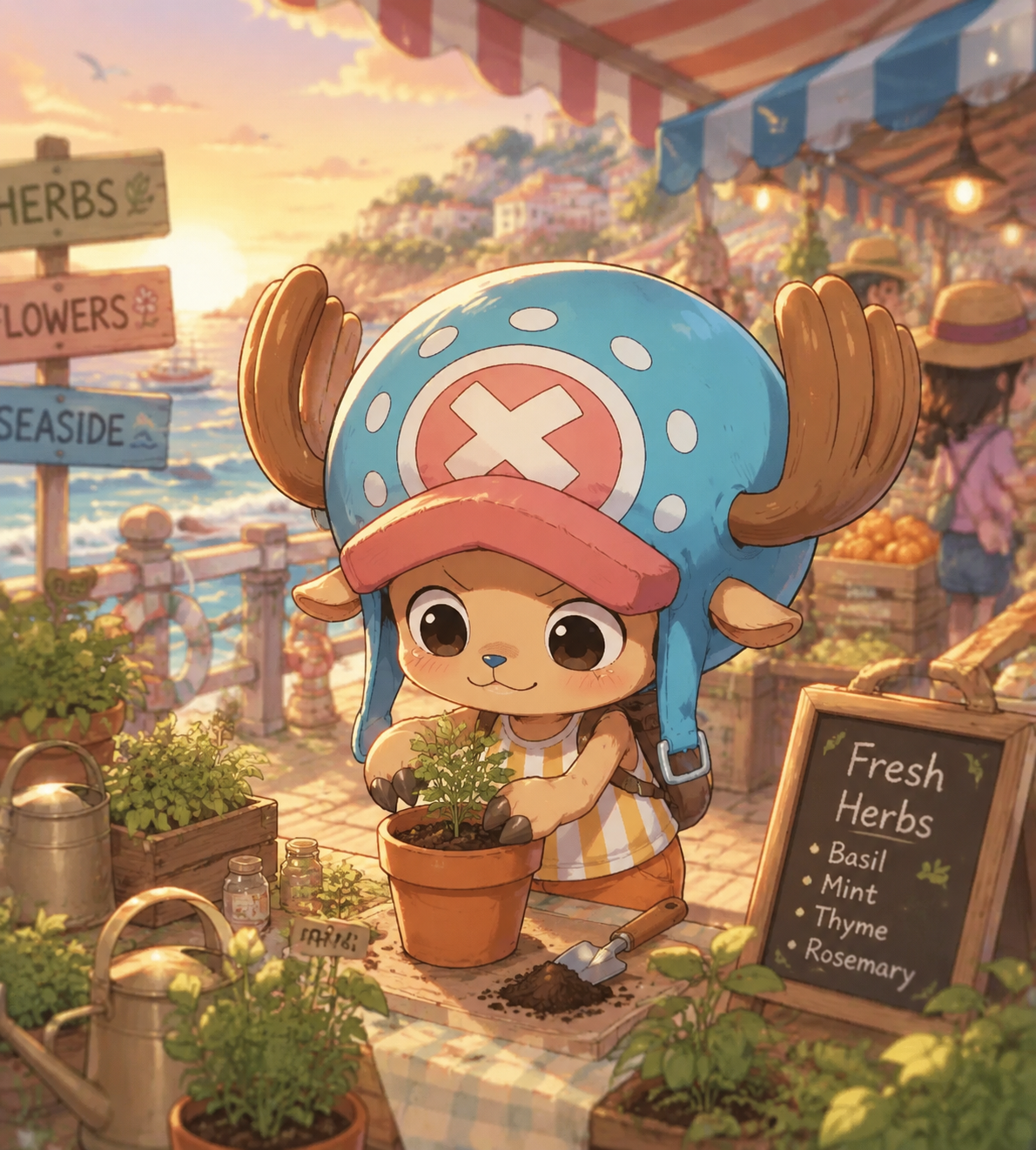 Planting herbs in a small flower pot At a bustling seaside market during the golden hour (chibi style, pastel colors and soft edges)