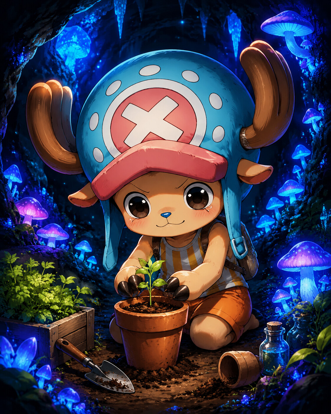 Planting herbs in a small flower pot in a dark cavern illuminated by bioluminescent mushrooms (vibrant anime style)