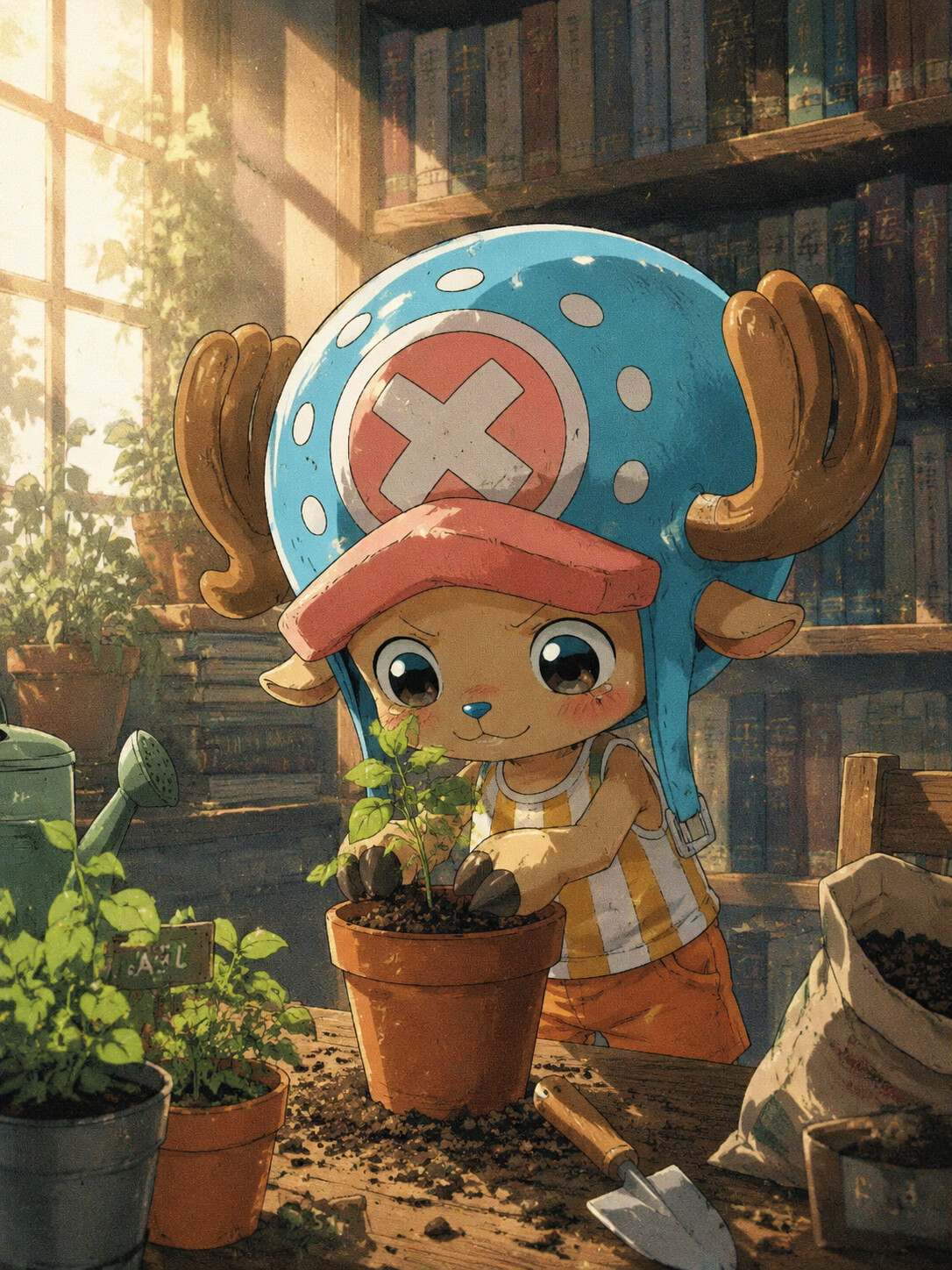 Planting herbs in a small flower pot in a sun-drenched library with dust motes floating (retro 90s anime aesthetic)