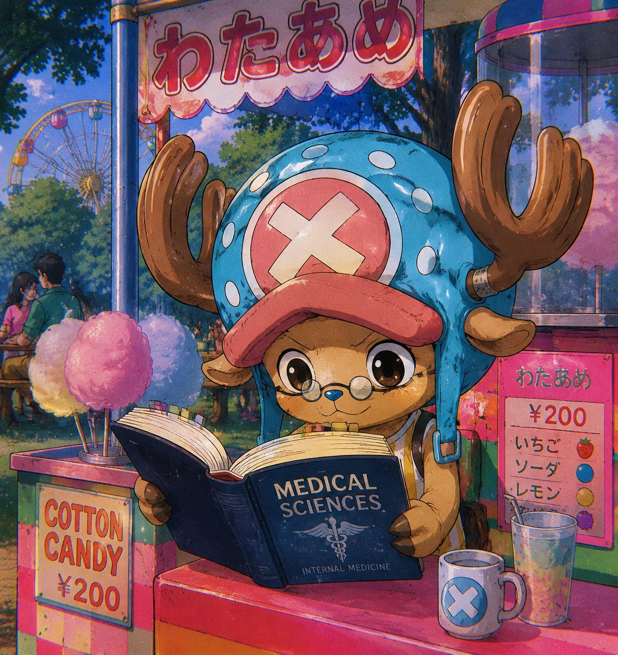 Reading a thick medical textbook with tiny glasses At a vibrant cotton candy stand in the park (retro 90s anime aesthetic, grainy film)