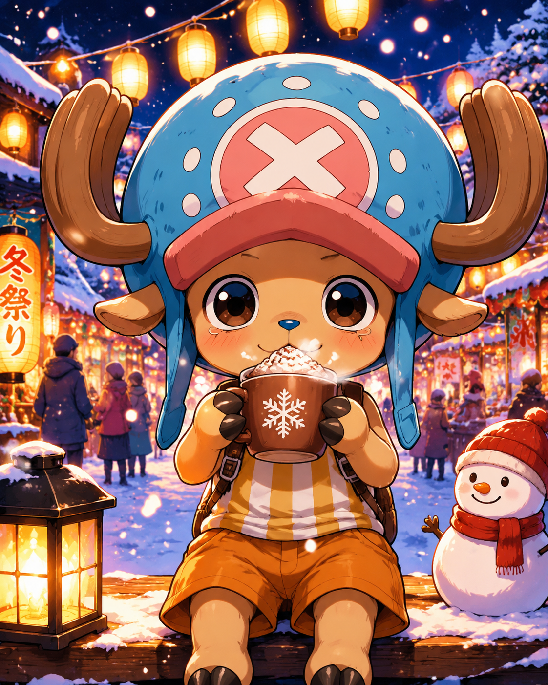 Sipping a warm cup of cocoa At a snowy winter festival under glowing lanterns (vibrant anime style, saturated colors)