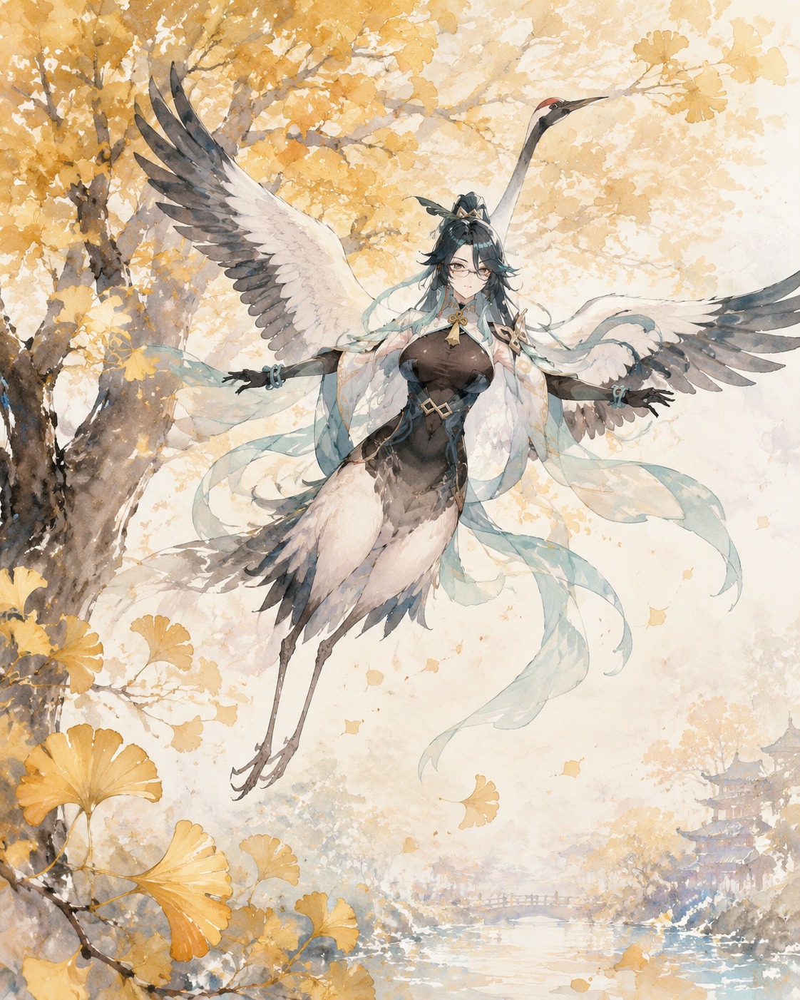 Descending from the sky in crane form Under a blooming ginkgo tree during autumn (ethereal watercolor, soft pastel colors)