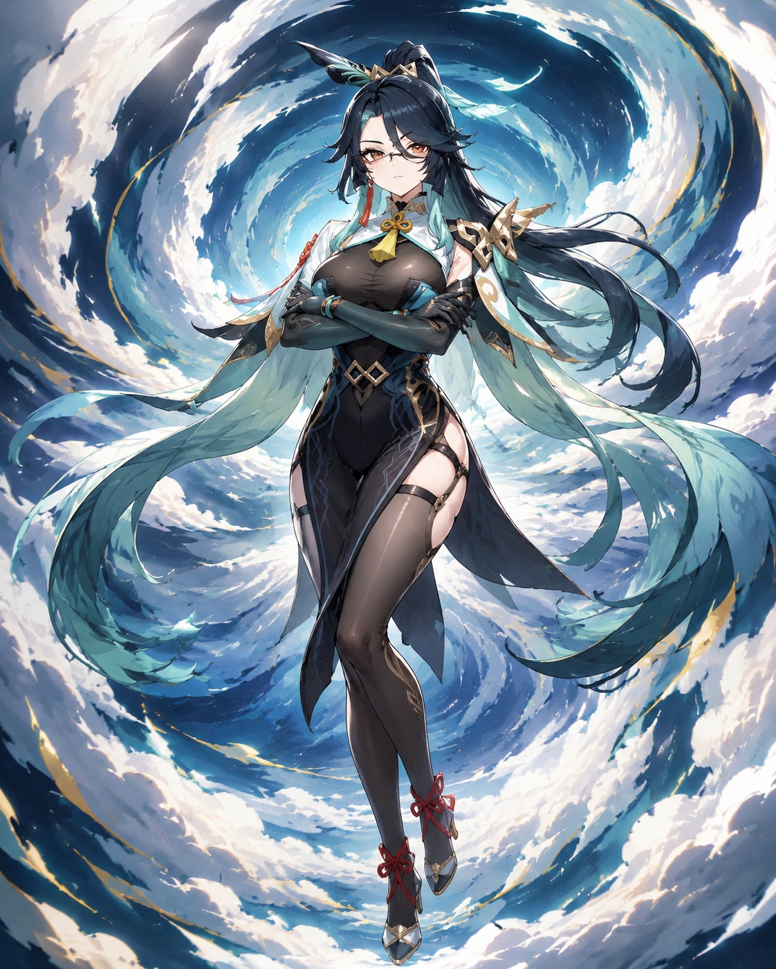 Posing regally with her arms crossed In the middle of a swirling vortex of clouds (vibrant anime style, sharp cel shading)