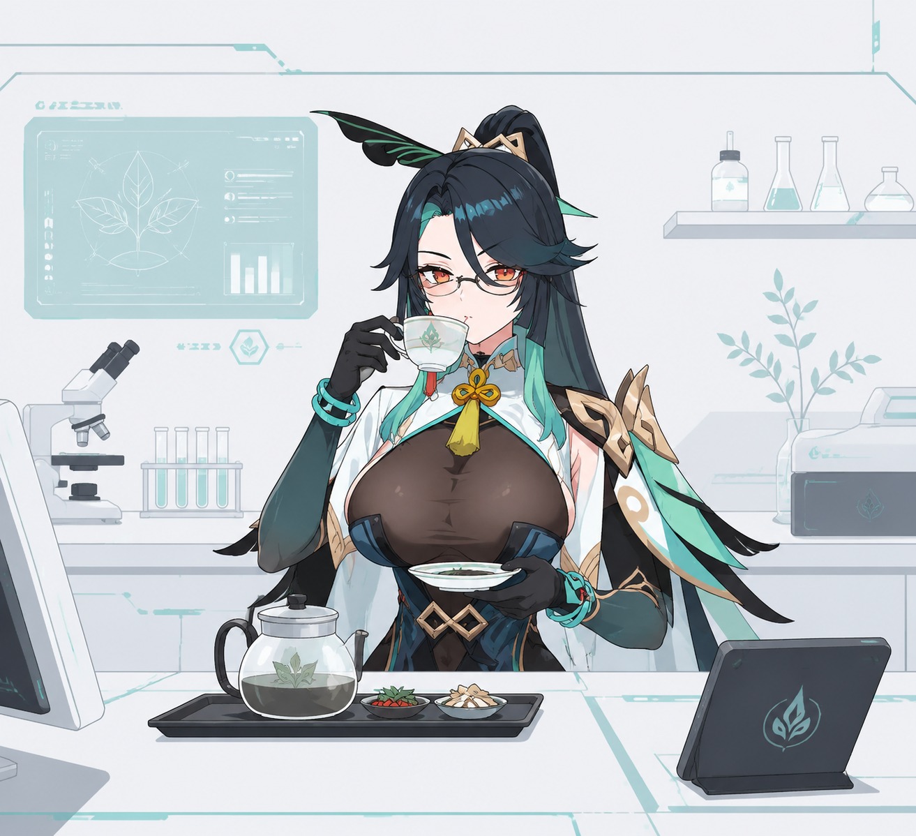 Sipping a cup of medicinal herbal tea At a modern high-tech laboratory workstation (minimalist vector art, clean lines)