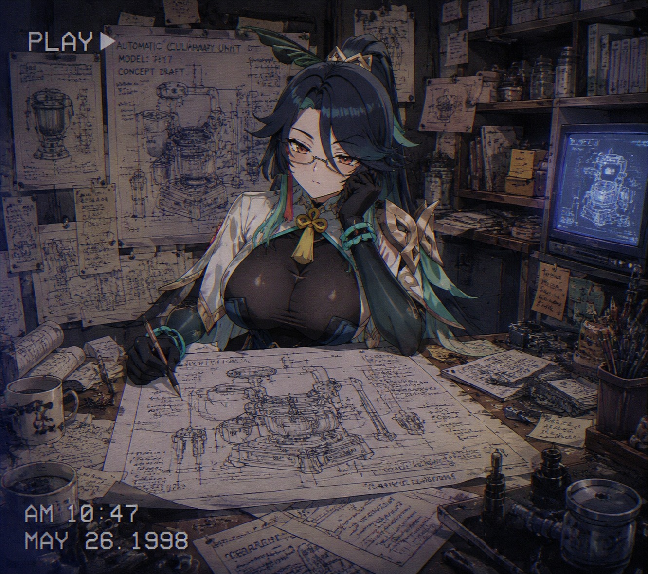 Sketching blueprints for a new culinary machine In a cluttered workshop filled with blueprints (90s retro anime style, grainy VHS aesthetic)