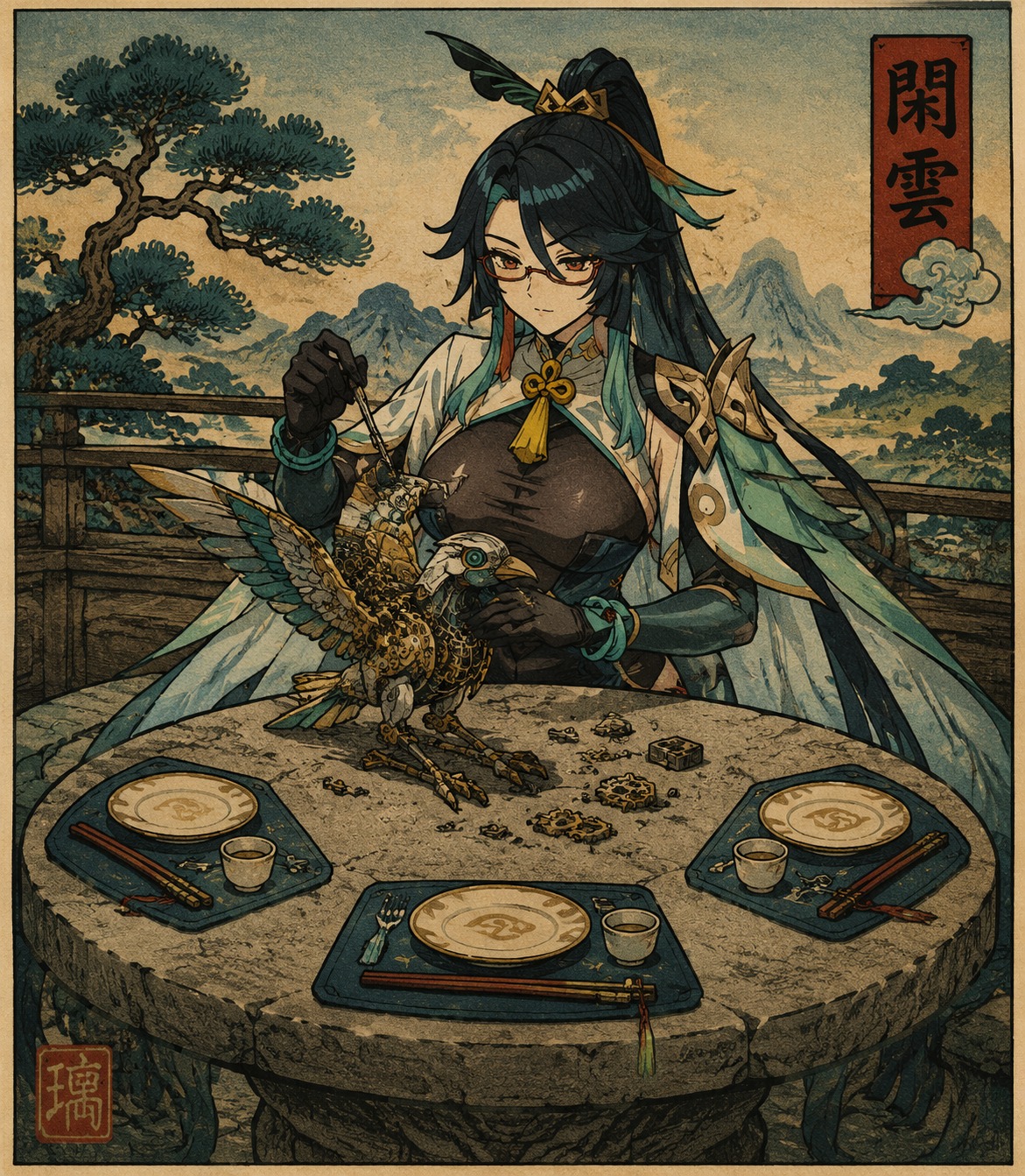 Tinkering with a complex mechanical bird At a stone table set for three people (woodblock print style, bold outlines)