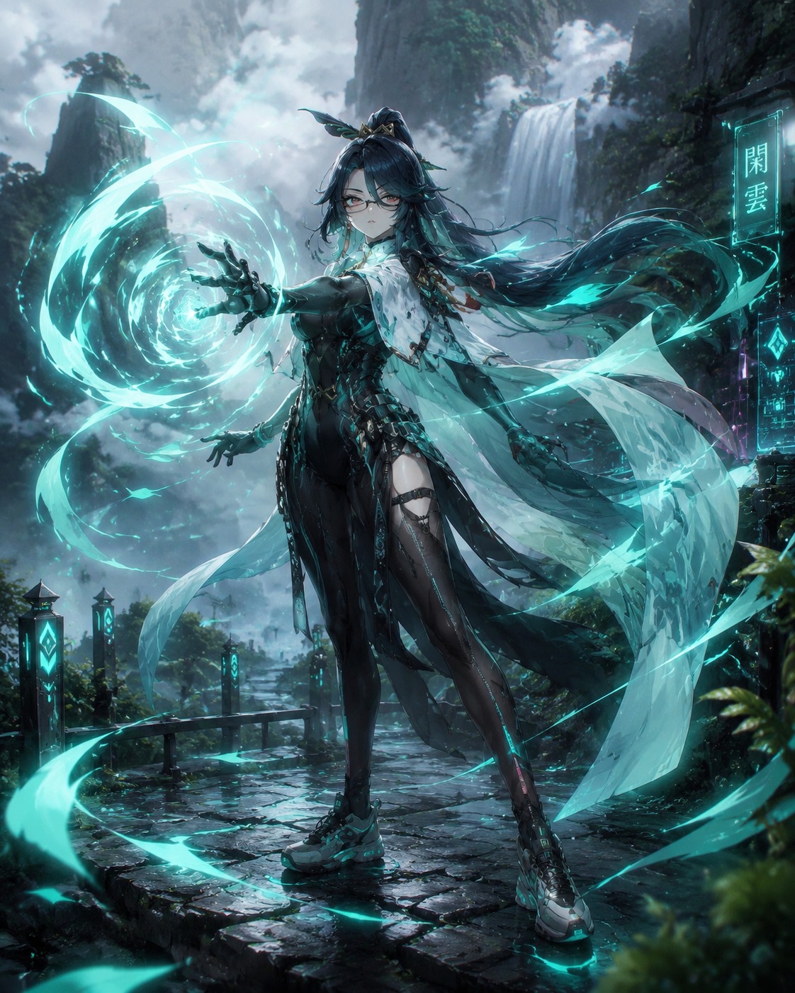 Unleashing a powerful burst of anemo energy On a misty mountain trail near a waterfall (futuristic techwear aesthetic, neon accents)