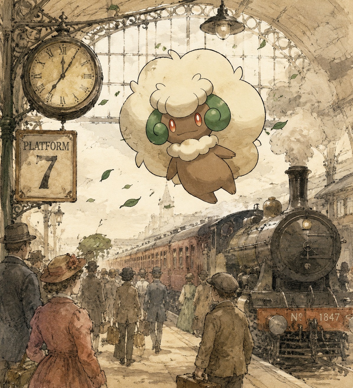 Floating on a gentle breeze At a busy train station platform (vintage storybook, ink and wash)