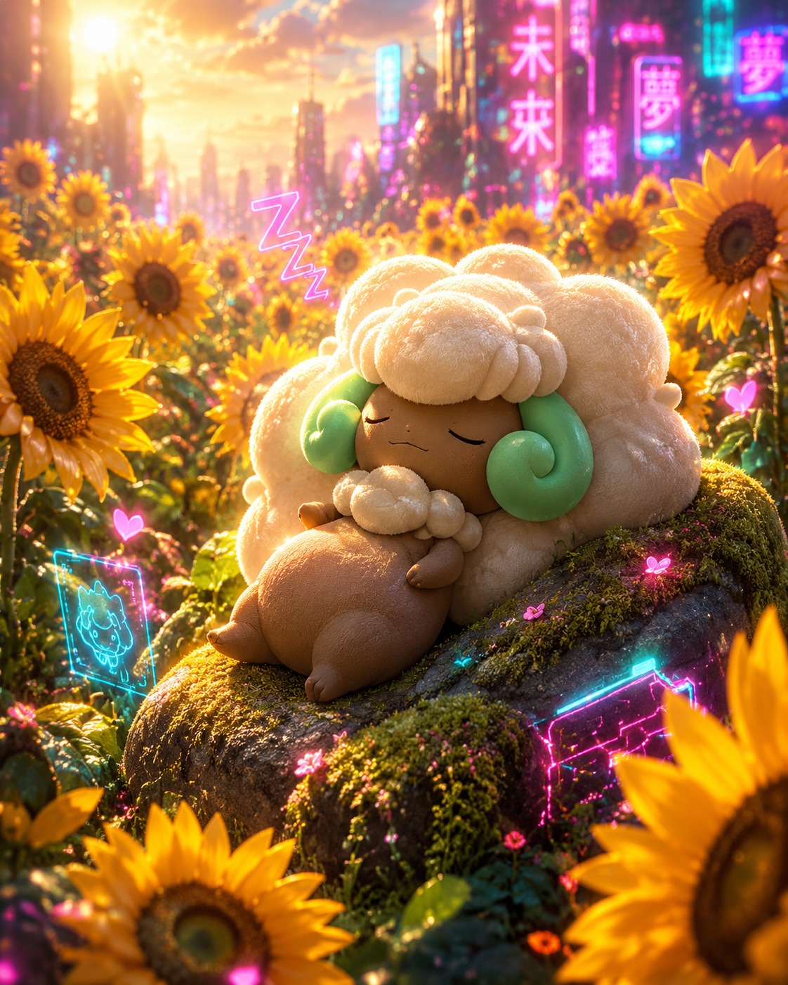 Napping on a mossy stone In a sun-drenched meadow of sunflowers (cyberpunk neon, glowing accents)