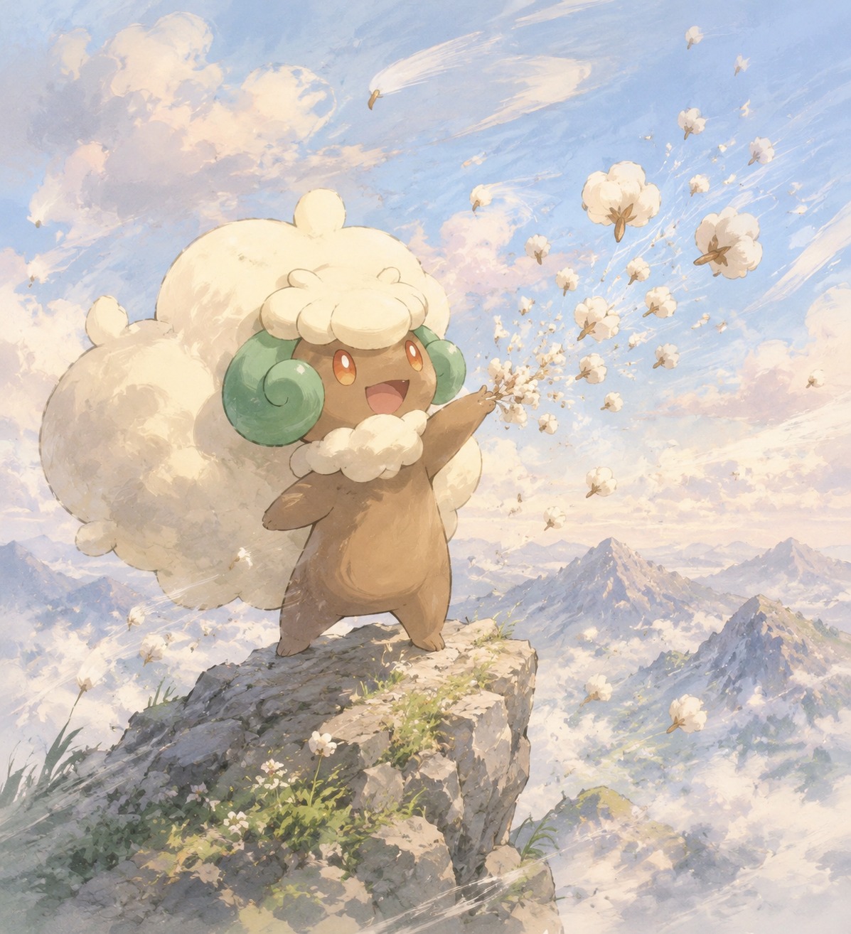 Scattering cotton seeds everywhere On a windy mountain peak (watercolor anime, soft pastel lighting)