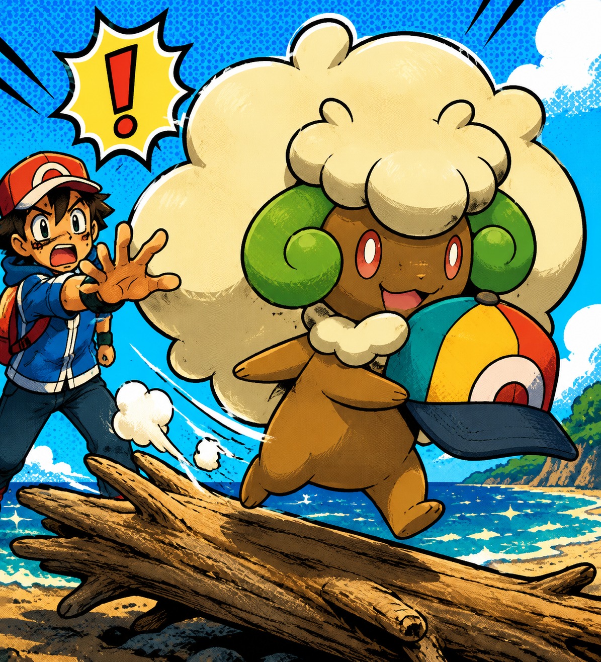 Stealing a trainer's colorful hat On a driftwood log by the ocean (vibrant pop art, bold outlines)