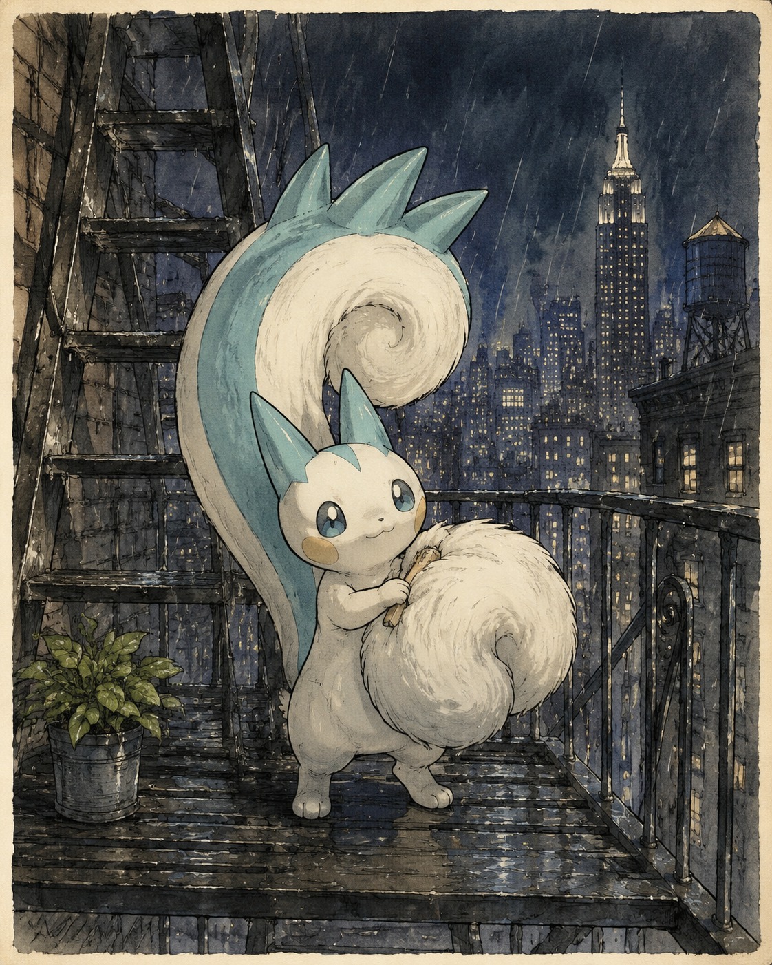 Grooming its voluminous white fur On a rainy city fire escape at midnight (vintage storybook illustration, ink and wash)