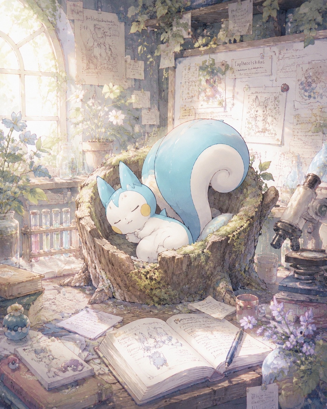 Napping inside a hollowed-out tree trunk At a cluttered desk inside a researcher's lab (soft watercolor anime, dreamlike pastel tones)