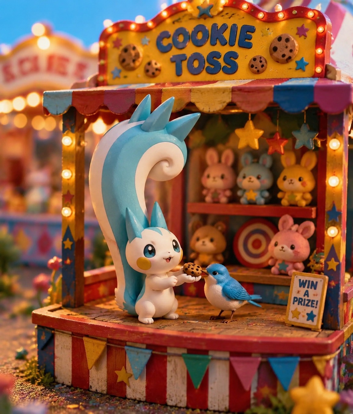 Sharing a cookie with a small bird At a colorful carnival booth with prizes (miniature diorama style, tilt-shift photography)