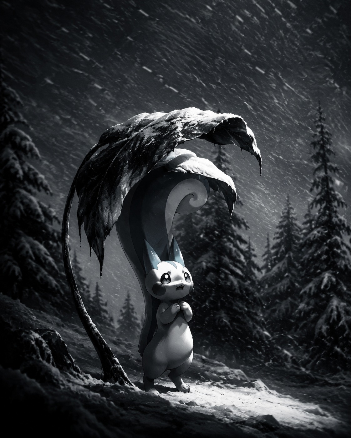 Shivering under a giant wilted leaf In a snowy pine forest during a blizzard (cinematic noir, high contrast dramatic shadows)