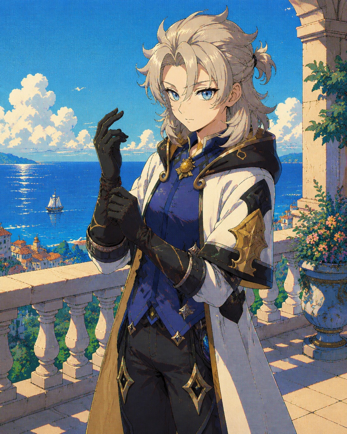 Adjusting his gloves with meticulous precision On a sun-drenched balcony overlooking the ocean (retro 90s cel-shaded aesthetic)