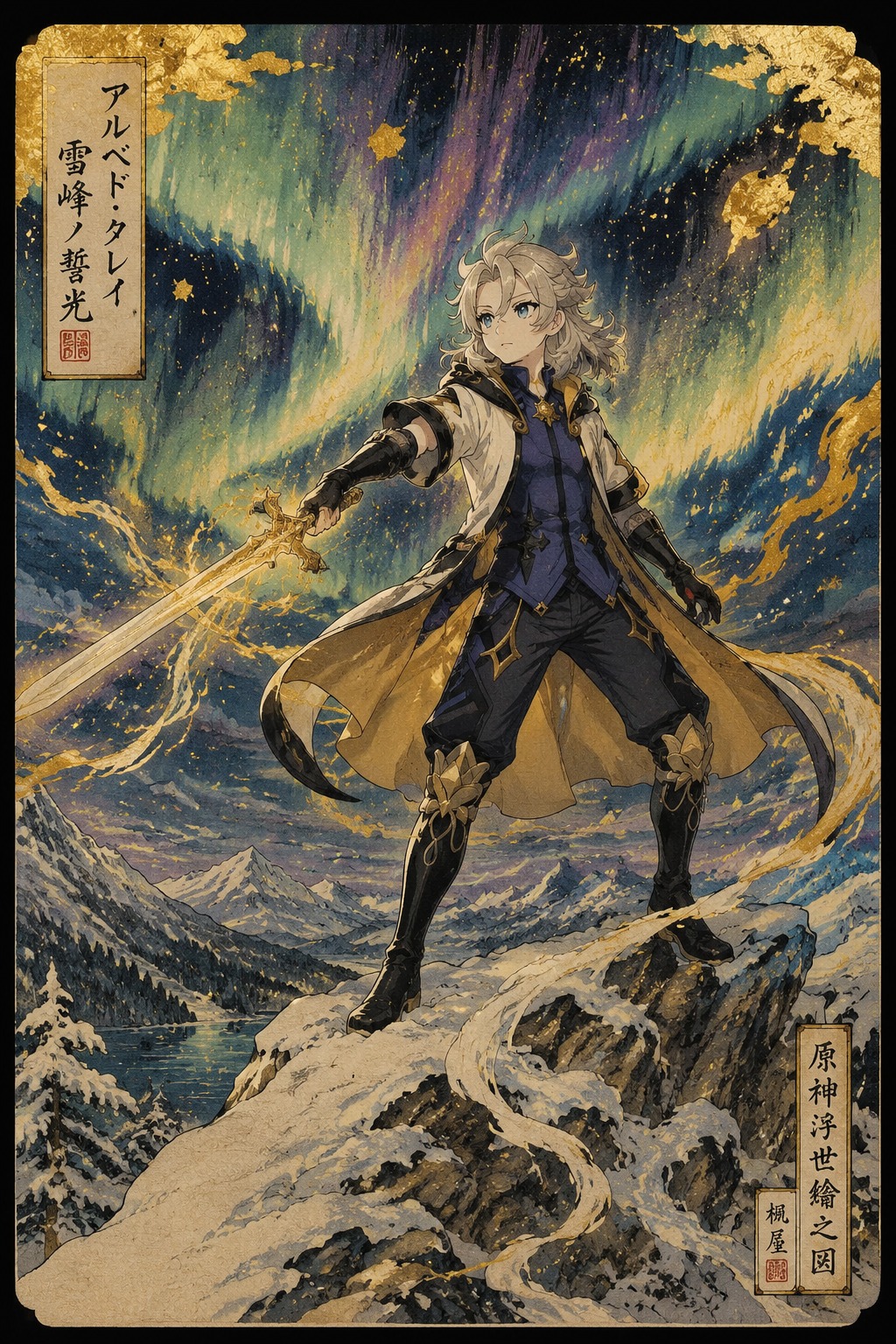Brandishing a sword coated in golden energy On a snowy ridge under the aurora borealis (ethereal ukiyo-e print with gold leaf accents)
