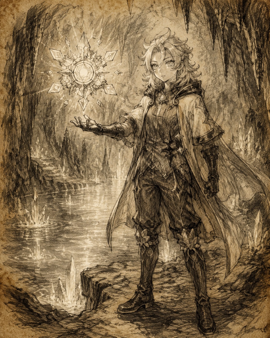 Conjuring a crystalline solar isotoma At the edge of a glowing subterranean lake (charcoal sketch on aged parchment texture)