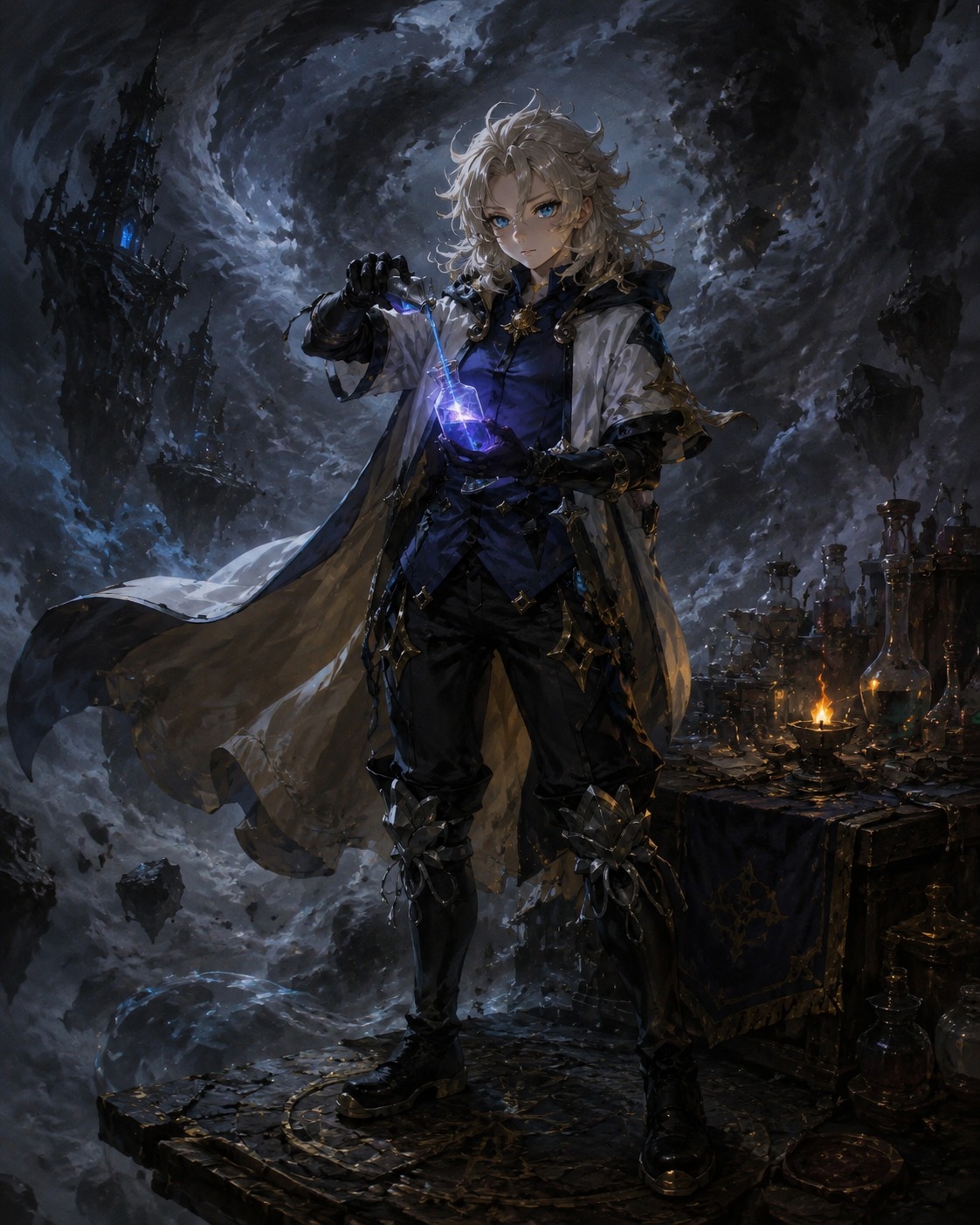 Mixing glowing chemicals in a glass vial On a floating platform amidst a swirling storm (gritty dark fantasy oil painting)
