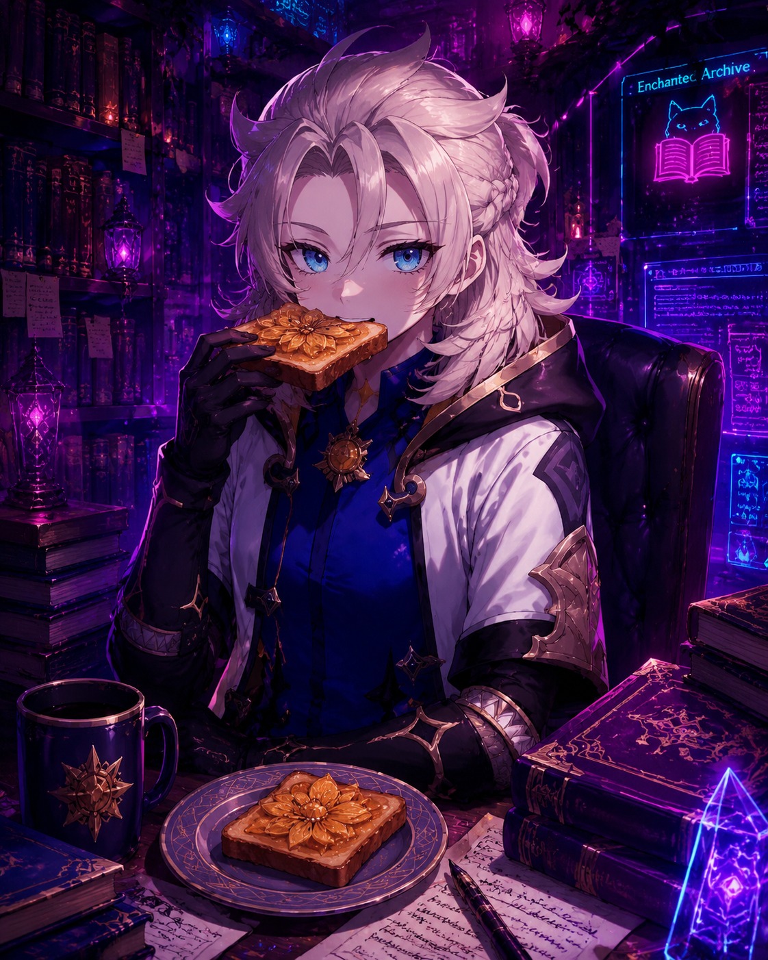 Nibbling on a piece of sunsettia toast In a cozy library filled with enchanted books (cyberpunk neon lighting with deep purple shadows)