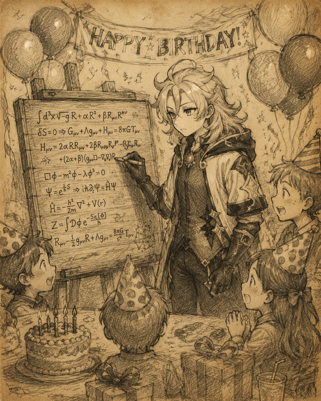 Scribbling complex equations onto a wooden board At a child’s birthday party surrounded by balloons (charcoal sketch on aged parchment texture)