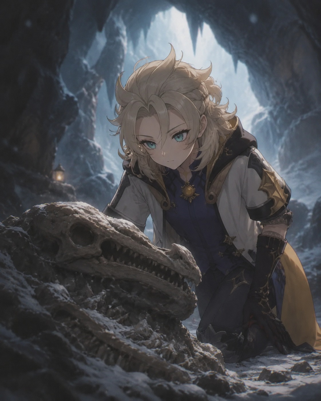 Staring intensely at a prehistoric fossil In a secluded cave atop Dragonspine (soft focus lo-fi illustration)