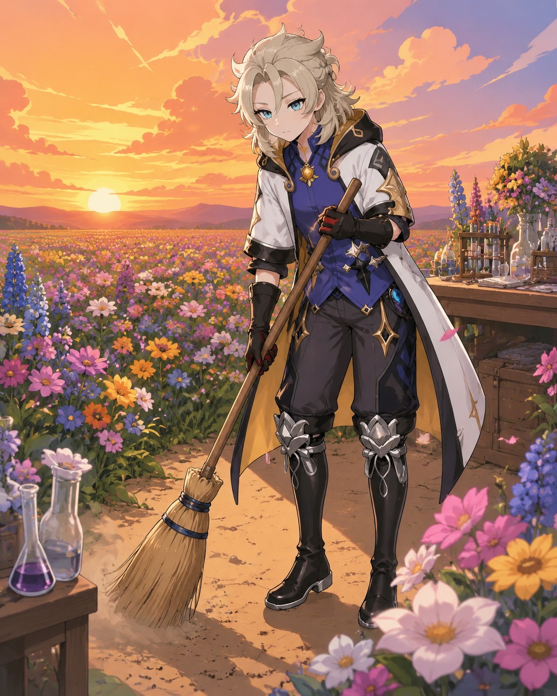 Sweeping a dusty laboratory floor In a field of sweet flowers at sunset (clean vector art with vibrant flat colors)