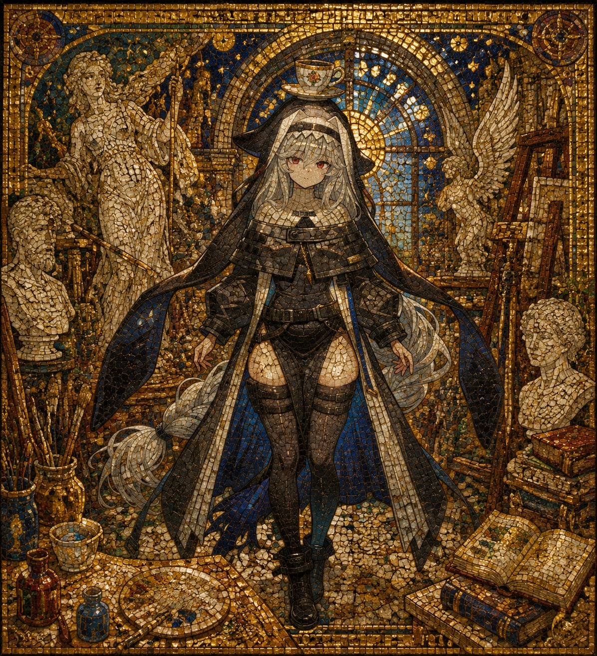 Balancing a fragile teacup on her head In a cluttered artist workshop filled with statues (medieval mosaic style with gold leaf)