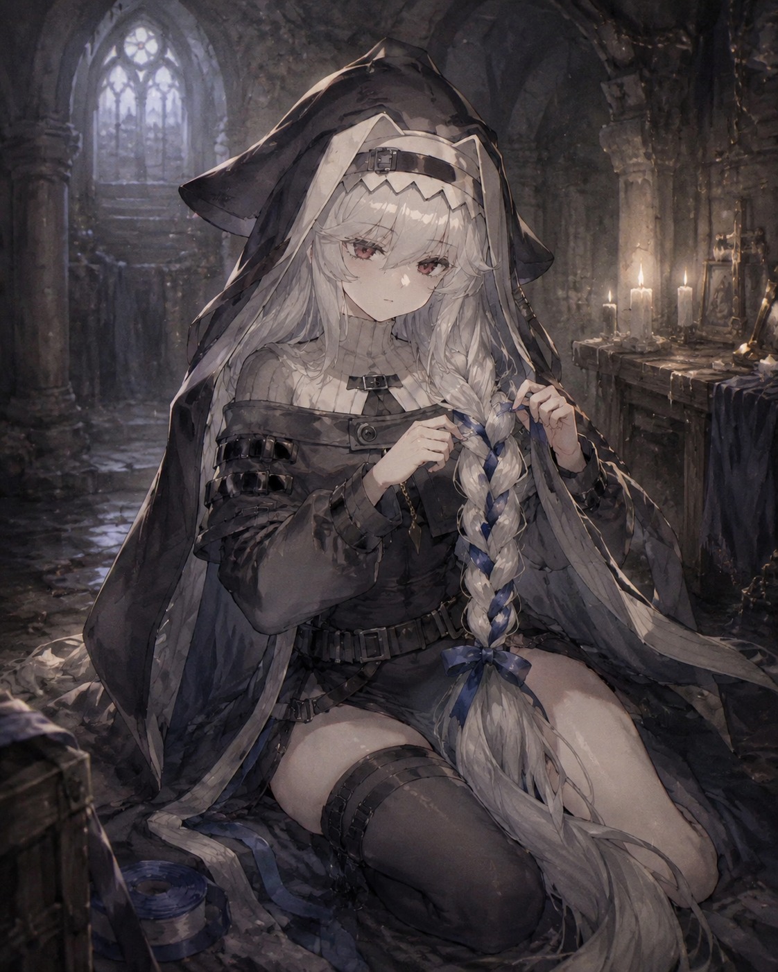 Braiding her long silver hair with ribbon In a dimly lit cathedral basement (soft watercolor anime style)