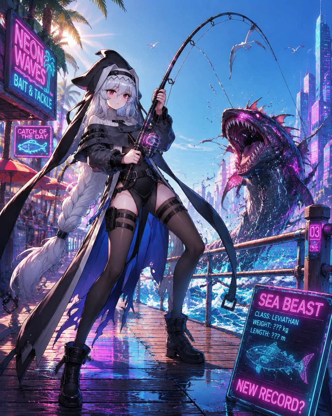 Reeling in a thrashing sea beast At a sunny seaside boardwalk (futuristic synthwave digital illustration)