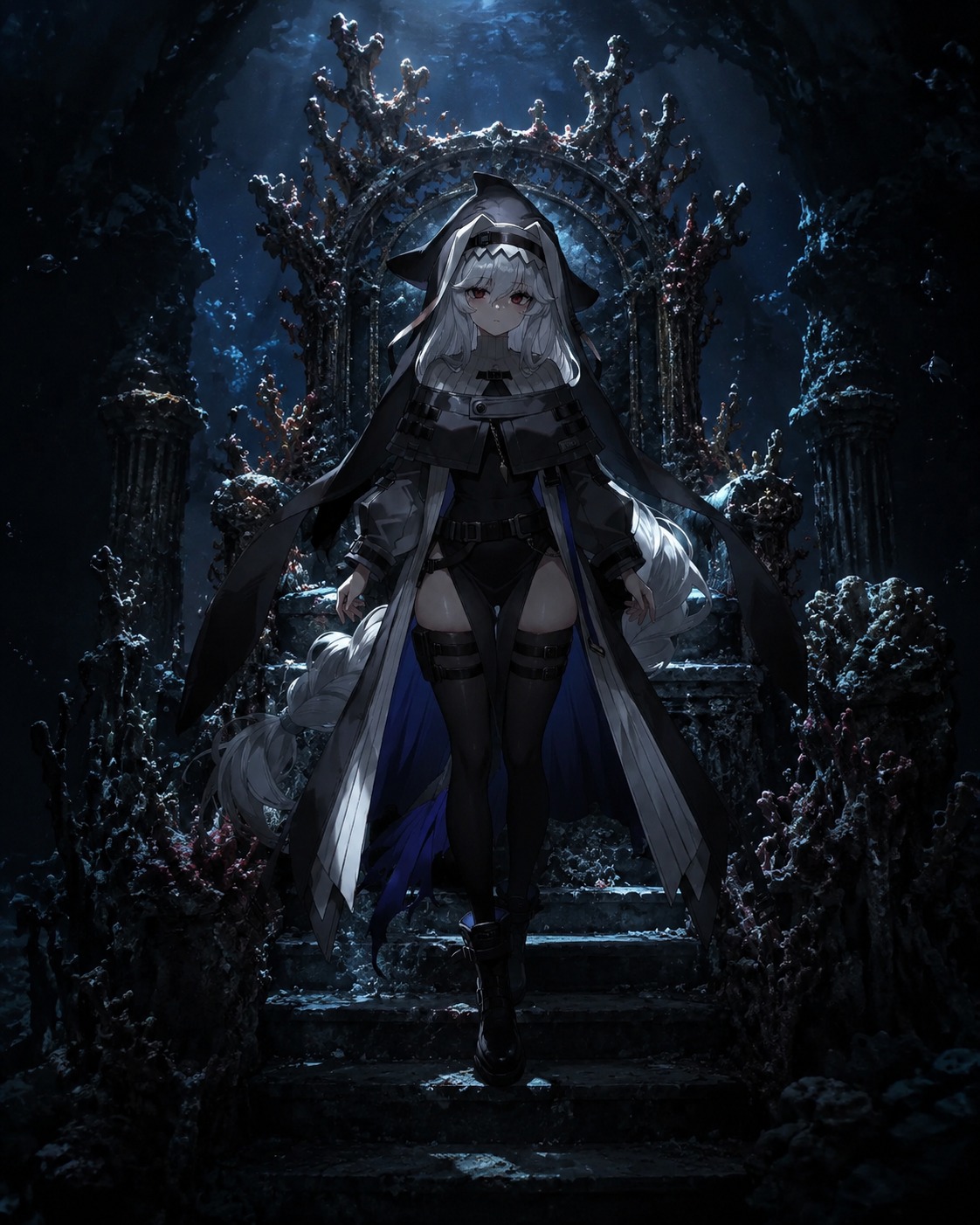 Stalking silently through deep shadows On a crumbling coral throne under the waves (dramatic cinematic noir lighting)
