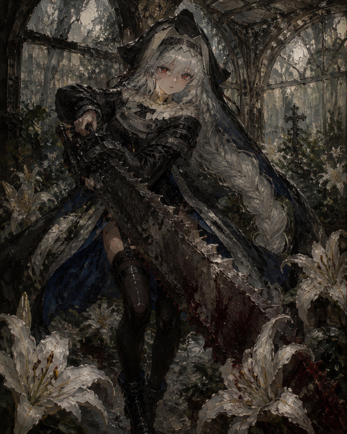 Swinging a heavy serrated saw blade In a quiet greenhouse filled with white lilies (gothic oil painting with thick texture)