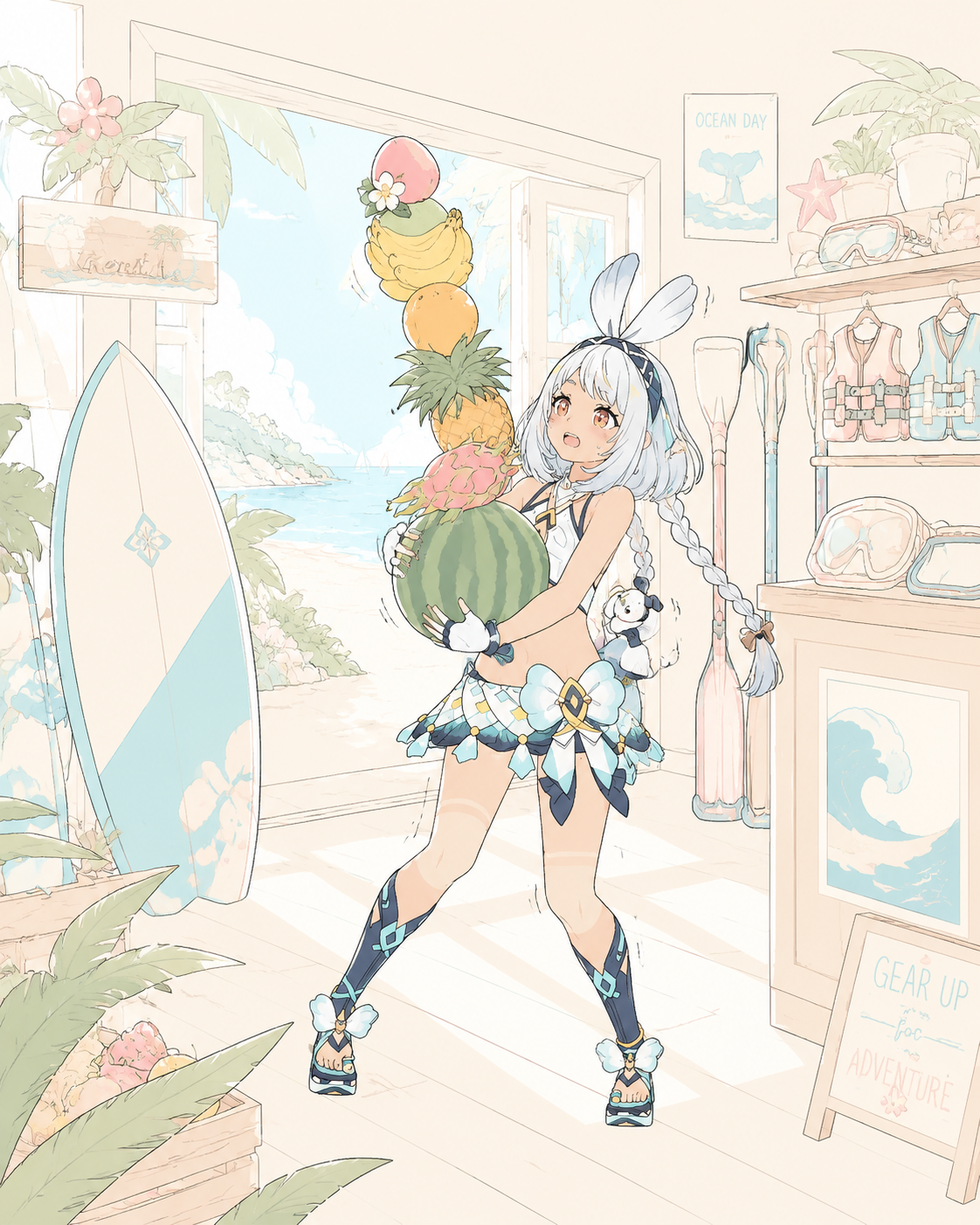 Balancing a precarious stack of tropical fruit In a sun-drenched coastal equipment shop (minimalist line art, pastel color palette)