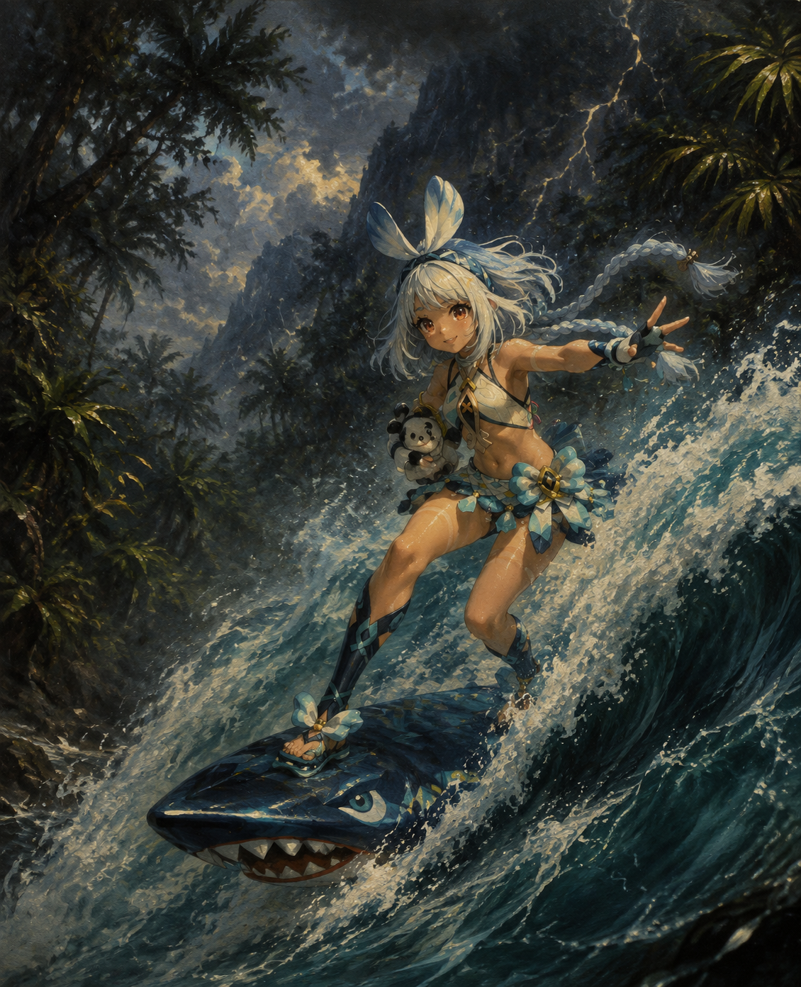 Catching a massive wave on her shark surfboard In a dense tropical jungle during a storm (detailed oil painting, dramatic chiaroscuro)