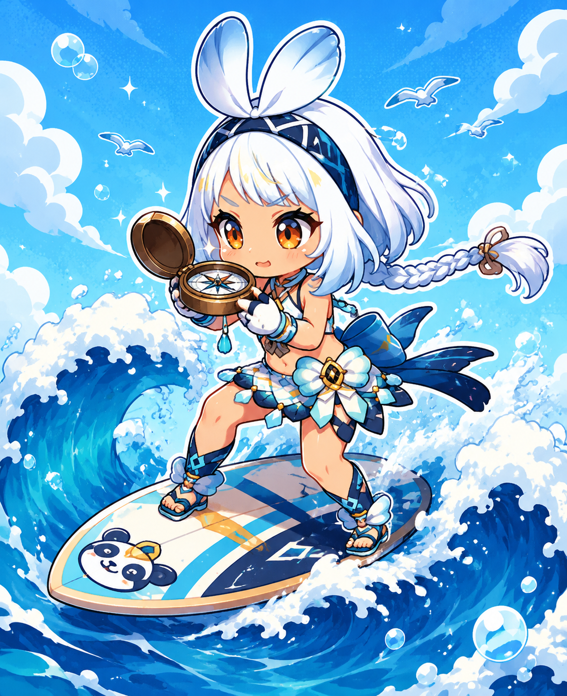 Consulting a bronze compass with focused intensity On a surfboard atop a towering ocean swell (cute chibi style, bubbly pop art)