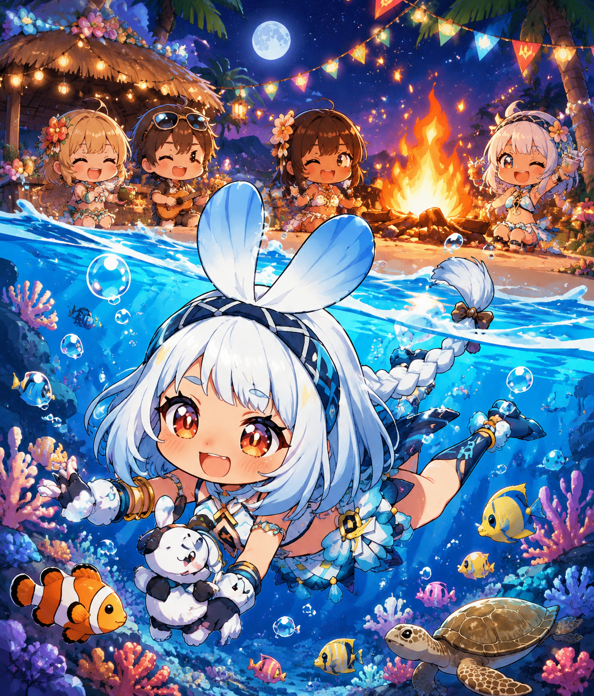 Diving deep through a vibrant coral reef At a festive bonfire party near the shore (cute chibi style, bubbly pop art)