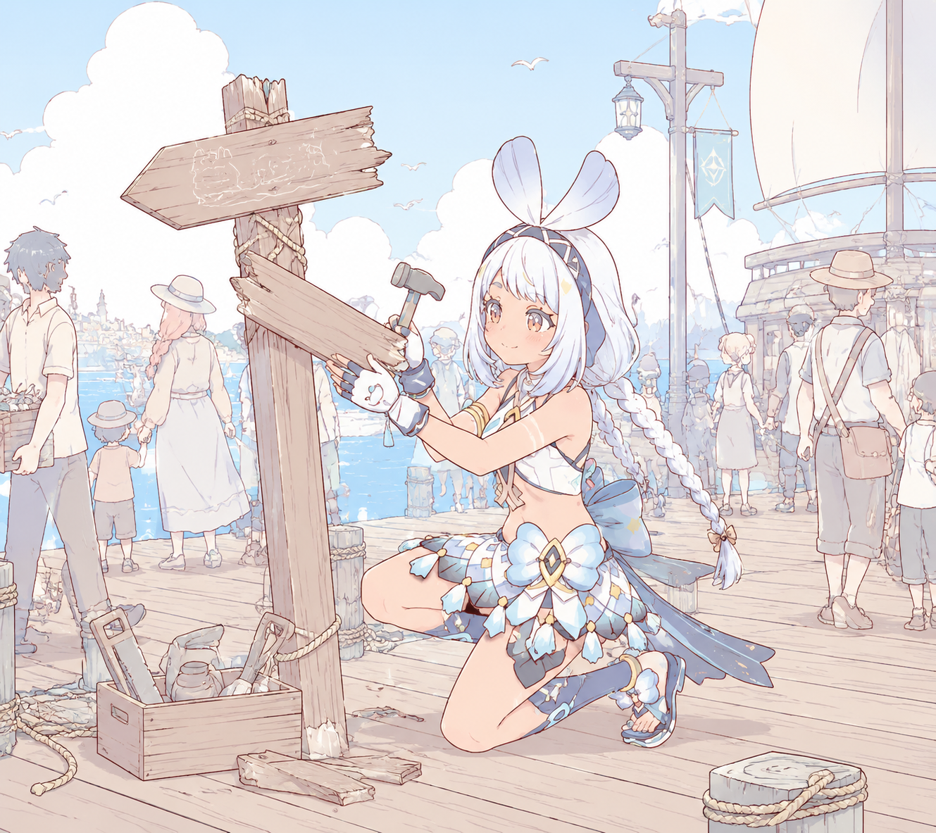 Fixing a broken wooden signpost by the shore At a crowded wooden dock during midday (minimalist line art, pastel color palette)
