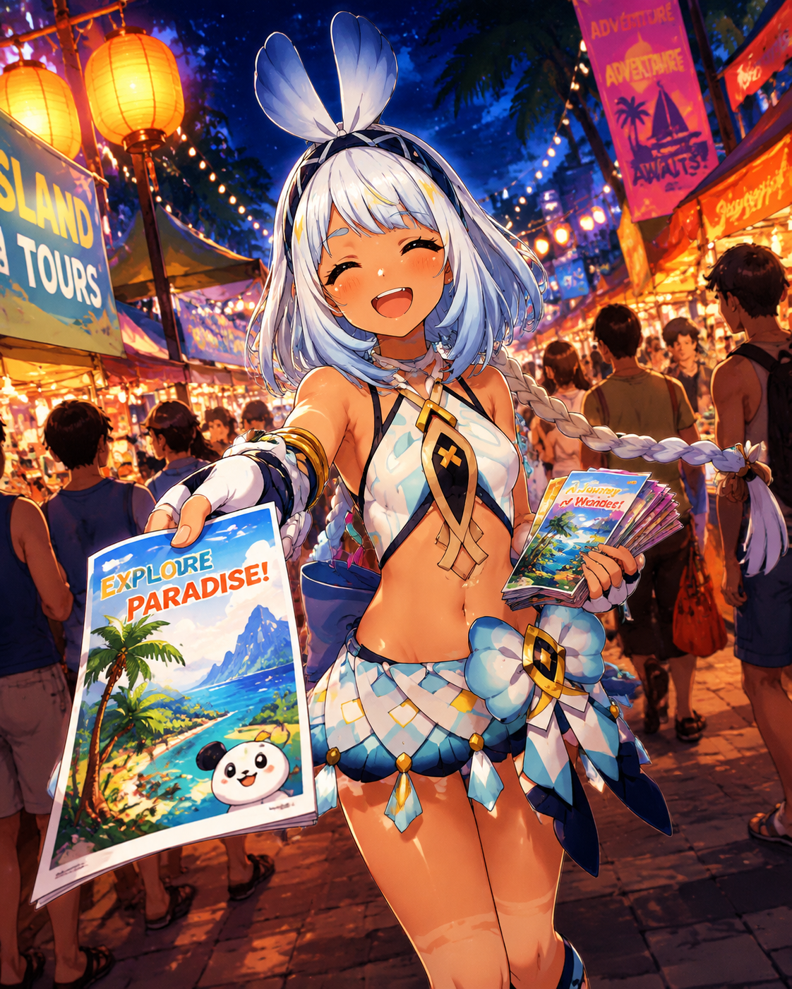 Laughing while handing out colorful travel brochures At a bustling open-air night market (vibrant anime style, high saturation)
