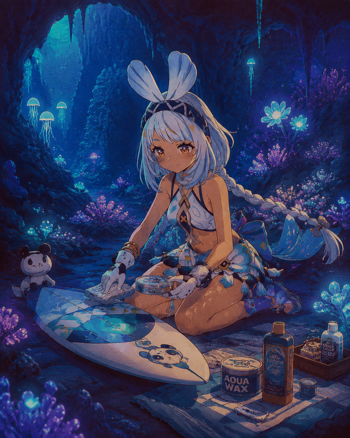 Meticulously waxing her gear for the next tour In a quiet underwater cave with glowing flora (retro 90s aesthetic, grainy film texture)