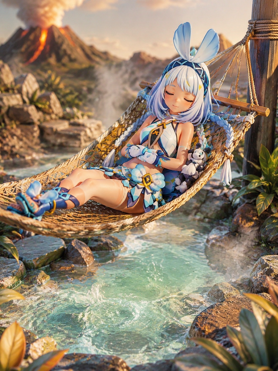 Napping peacefully in a swaying rope hammock At the edge of a bubbling volcanic spring (crisp 3D render, sharp cinematic lighting)