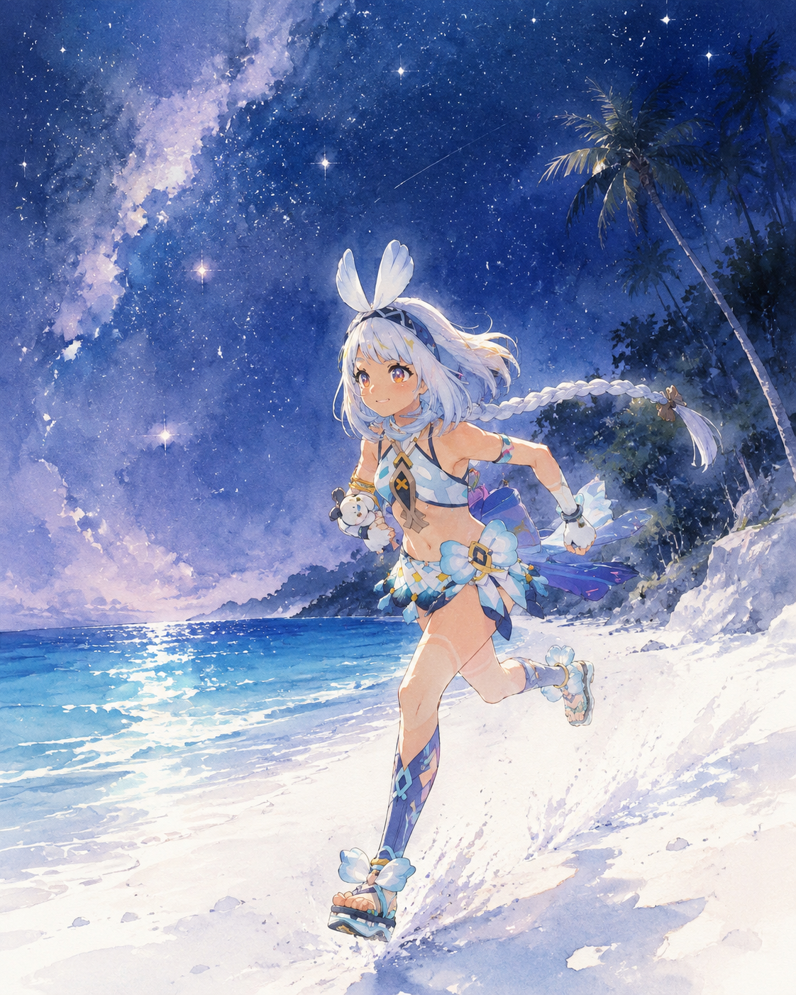 Sprinting across the scorching white sand On a secluded beach under a starry sky (soft watercolor illustration, ethereal atmosphere)