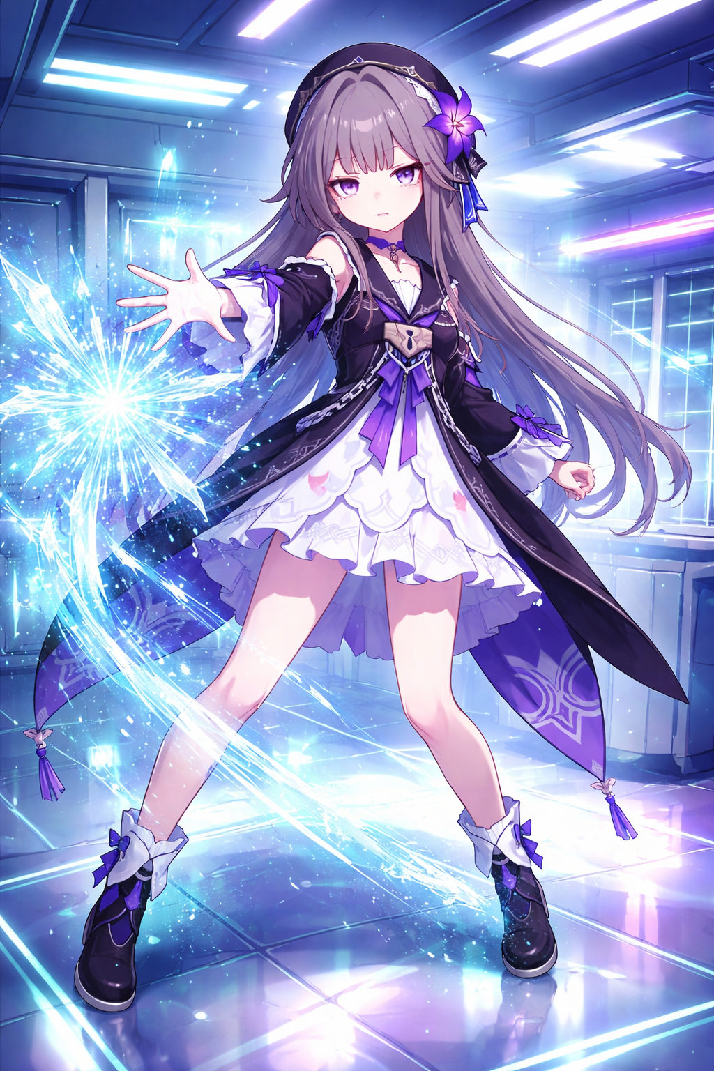 Casting a shimmering ice spell In a sterile laboratory under harsh white lights (synthwave aesthetic, neon purple and teal)