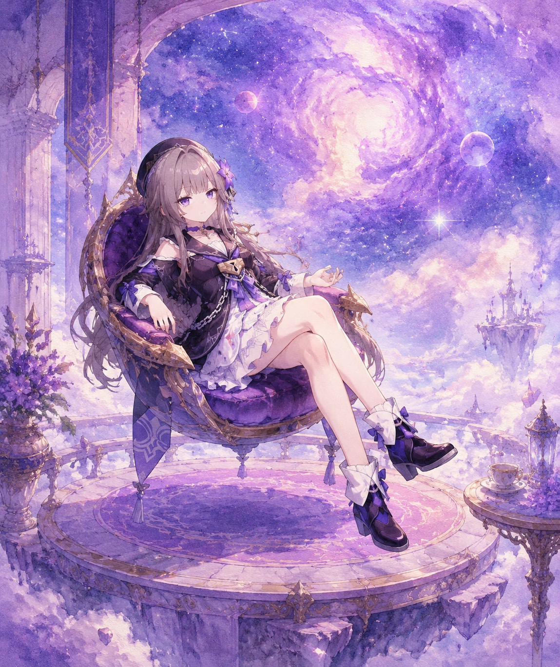 Leaning back in a levitating chair On a floating platform overlooking a purple nebula (soft pastel watercolor, dreamy atmosphere)