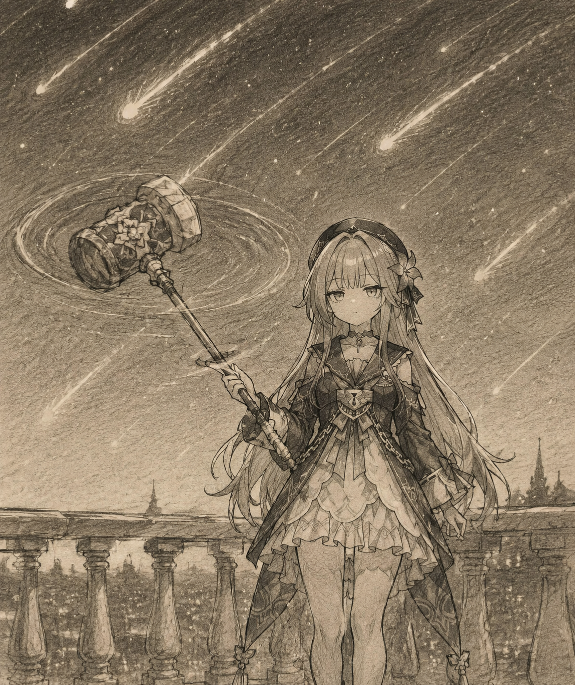 Rotating her heavy hammer with a bored expression On a balcony during a vivid meteor shower (minimalist sketch, charcoal on parchment)