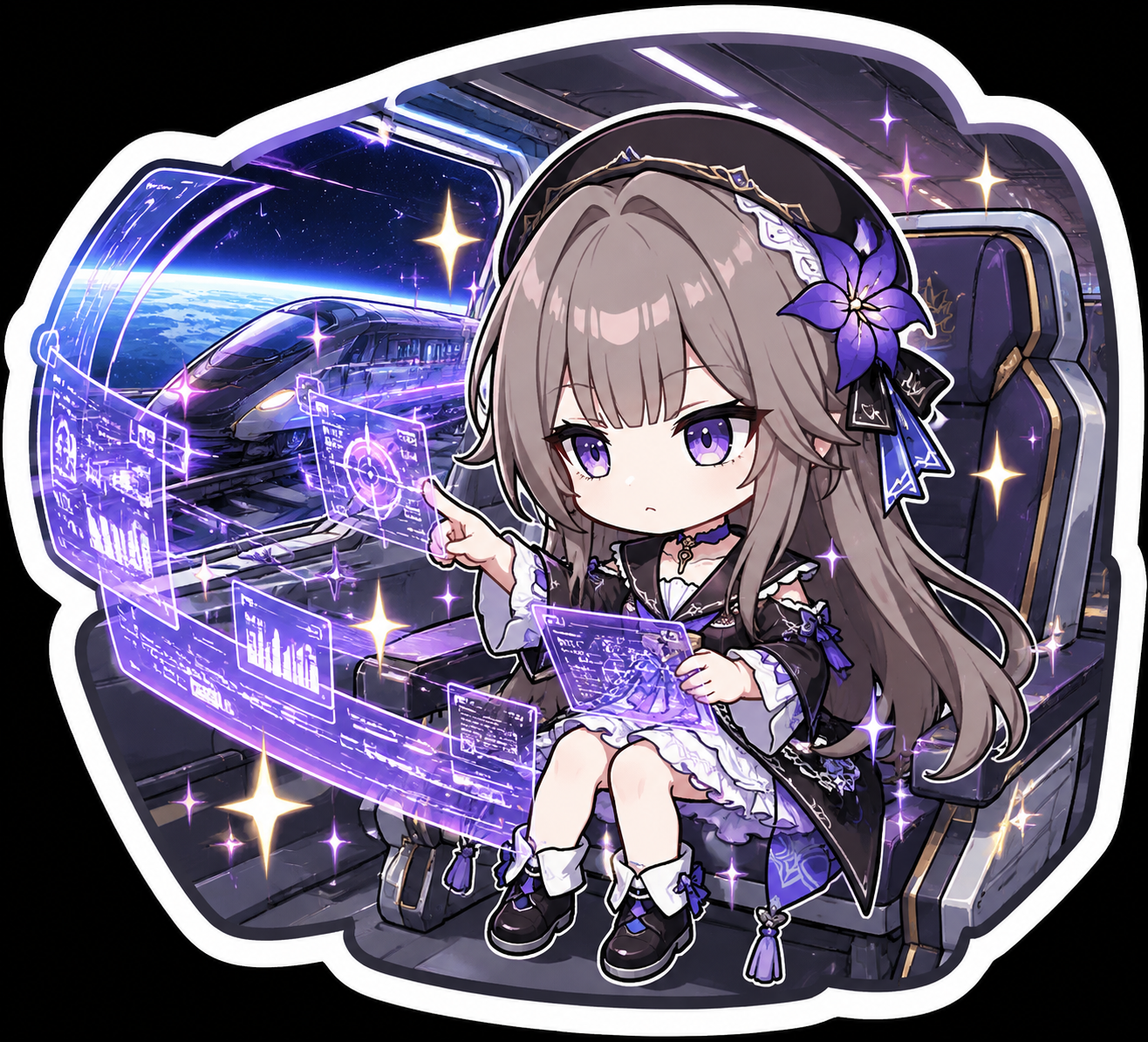 Scanning a glowing holographic data stream On a high-speed orbital train (chibi stickers style, bold outlines and sparkles)